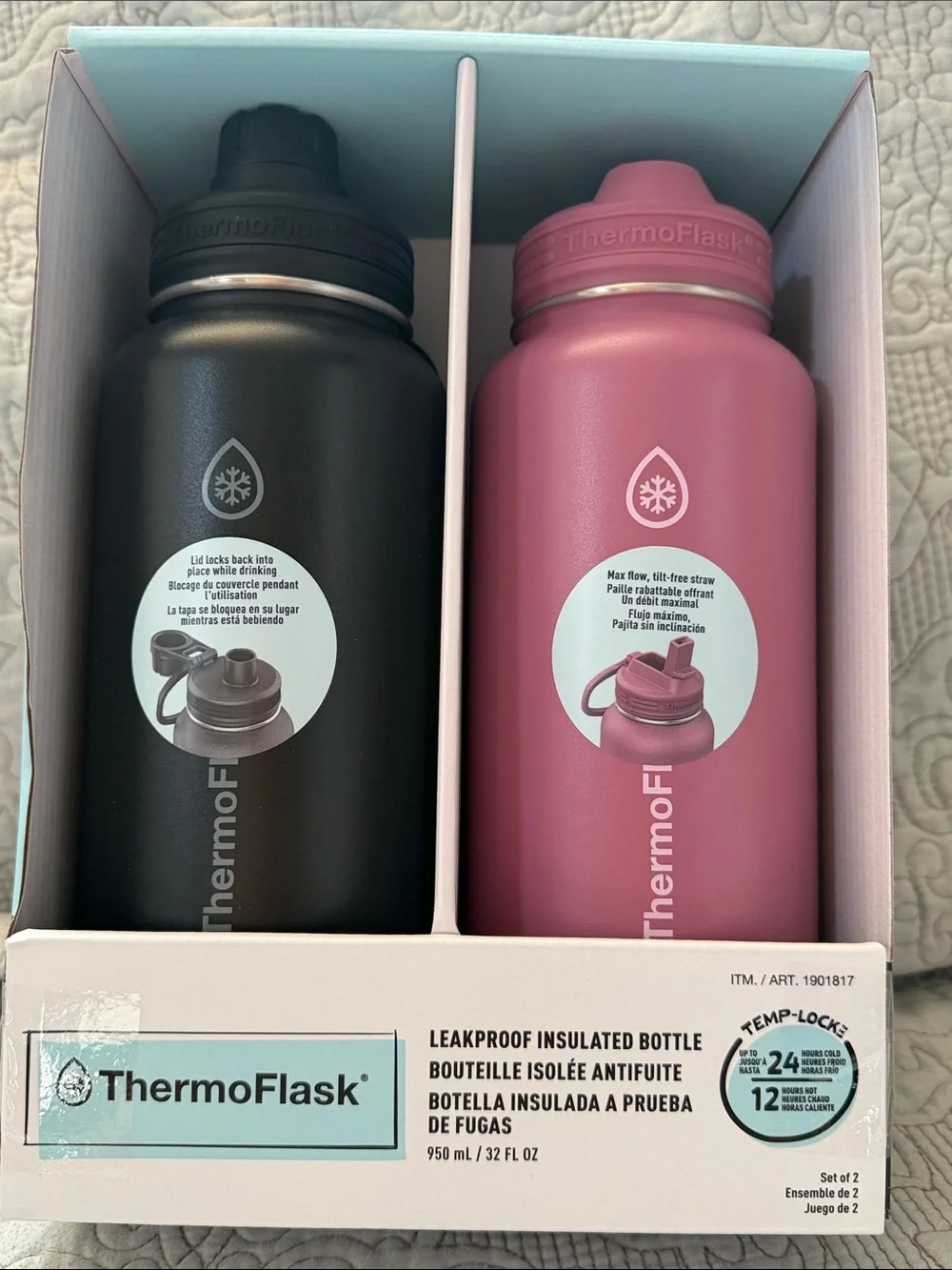 ThermoFlask Leakproof Insulated Water Bottle Set - Black & Pink